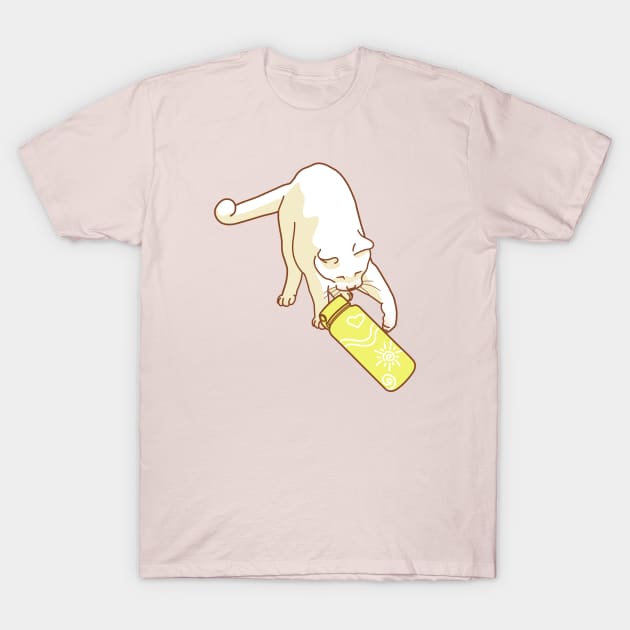 White cat knocking yellow water bottle T-Shirt by Wlaurence